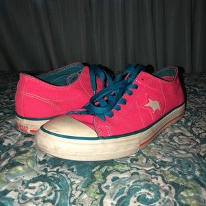 Bright Pink Converse One Stars with Blue Laces
